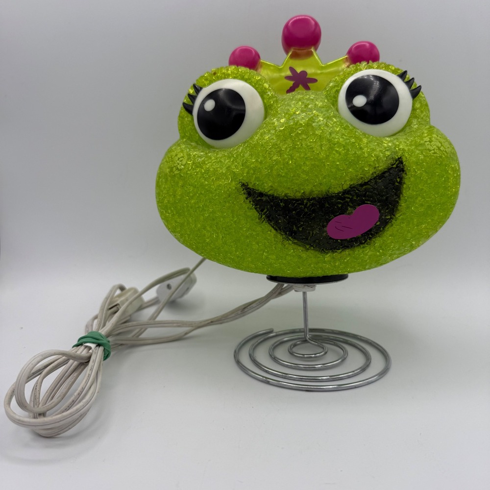 Princess Frog Night Light Lamp Cute Green Pink Crown Spiral Metal Stand‎
